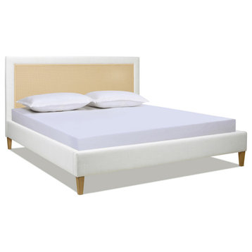 Haley Upholstered Cane-Back Platform Bed, Snow White Polyester, Queen