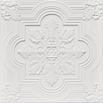 24"x24" D206 PVC White Matte Faux Tin Ceiling Tiles, Fire Rated