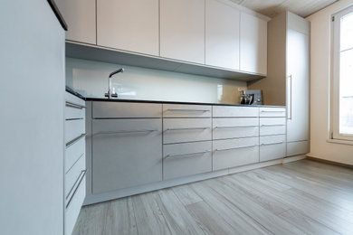 Offene, Zweizeilige Klassische Küche mit grauen Schränken, Küchenrückwand in Weiß und Glasrückwand in Stuttgart
