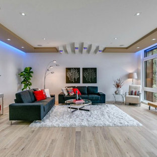 Bild på ett litet funkis separat vardagsrum, med vita väggar och ljust trägolv