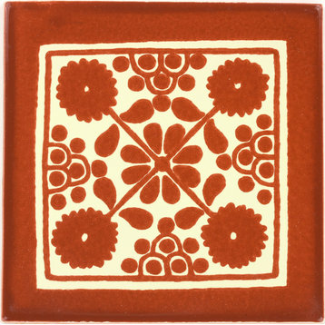 Tierra y Fuego Handmade Ceramic Tile, 4.25x4.25" Terra Cotta Damasco, Box of 90