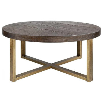 Elegant Modern Coffee Table, Crossed Golden Base With Thick Round Wooden Top
