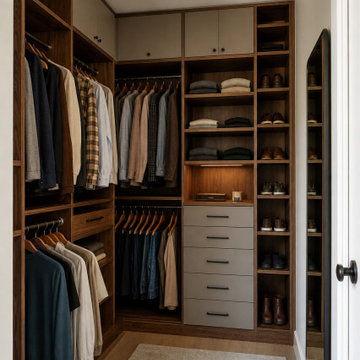 Walnut Walk-In Closet With Layered Hanging Zones