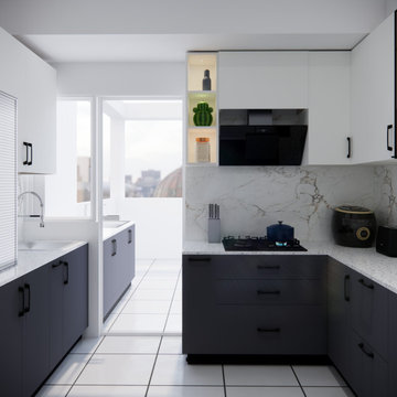 L-Shaped Minimalist Kitchen with View