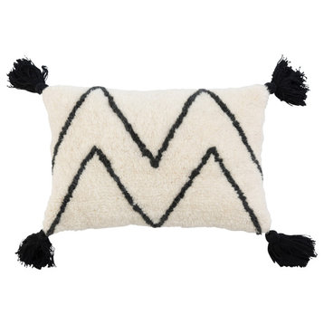 Wool Blend Tufted Lumbar Pillow with Chevron and Tassels, Black and White