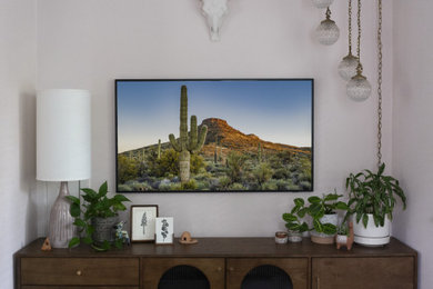 Inspiration for a small transitional open concept brown floor family room remodel in Portland with pink walls, no fireplace and a wall-mounted tv