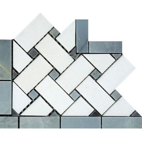 Thassos White Marble Honed Basketweave Border Corner w/ Blue-Gray Dots