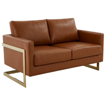 LeisureMod Lincoln Modern Leather Loveseat With Gold Frame, Cognac Tan