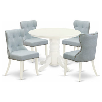Dining Set, Parson Chairs, Baby Blue Color, Wood Table, Linen White Color