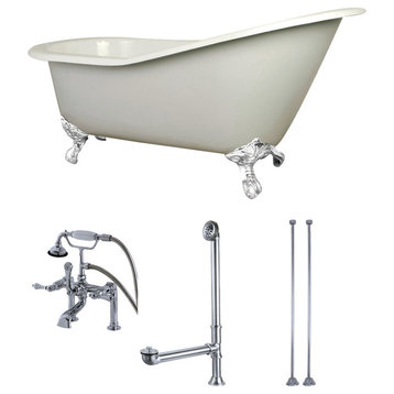 62" Cast Iron Clawfoot Tub w/Faucet Drain and Supply Lines, White/White