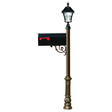 Post W/ Economy #1 Mailbox, Ornate Base In Bronze Color With Black Solar Lamp