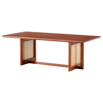 Unique Coffee Table, Trestle Base With Rattan Accents & Rectangular Top, Walnut