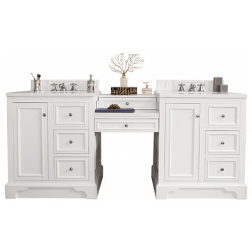 82 Inch Double Sink Bathroom Vanity, White, Makeup Table, Solid Surface, Outlets