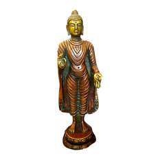 Mogul Interior - Standing Buddha Statue Brass Sculpture Buddhist Figurine Idol Meditation Decor - Decorative Objects And Figurines