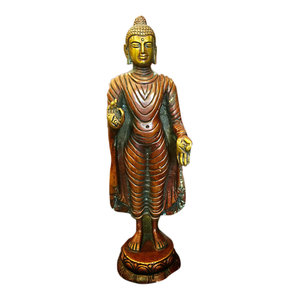 Mogul Interior - Standing Buddha Statue Brass Sculpture Buddhist Figurine Idol Meditation Decor - Decorative Objects And Figurines
