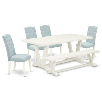 East West Furniture V-Style 6-piece Wood Dining Set with Linen Seat in White