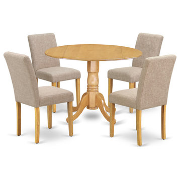 5Pc Round 42" Kitchen Table, Two 9"Drop Leaves, Four Chair, Oak Leg, Light Fawn