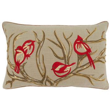 Down Filled Embroidered Throw Pillow With Bird and Branch, 14"x22", Natural
