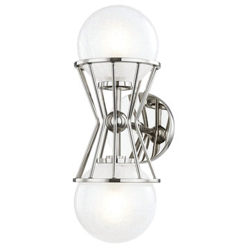 Petra 2-Light Wall Sconce, Polished Nickel Finish, Clear Crackel Glass Shade