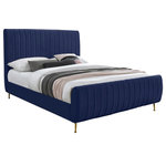 Meridian Furniture - Zara Channel Tufted Velvet Upholstered Bed With Custom Gold Legs, Navy, King - Slip into the lap of luxury with this Zara Velvet Bed. This beautiful king bed is padded to the max on its headboard and footboard for a look that is nothing short of upscale. The luxe design is amplified by the bed's rich navy velvet upholstery and its deep detailed channel tufting, which also serves to keep the interior padding aloft, full, and comfortable while you relax or unwind in bed. The bed has gold legs for a regal touch, and it comes with slats, so it doesn't require a box spring.