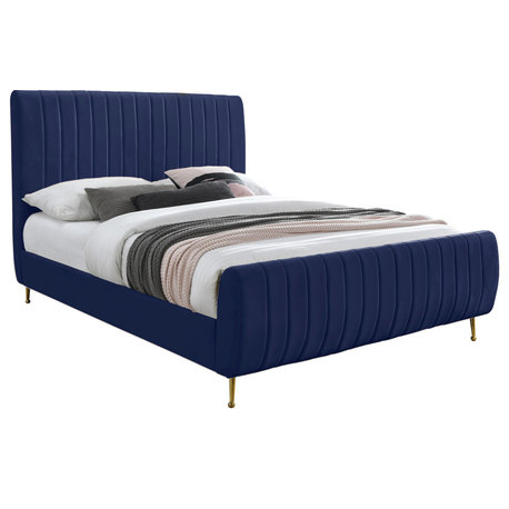 Zara Channel Tufted Velvet Upholstered Bed With Custom Gold Legs, Navy, King