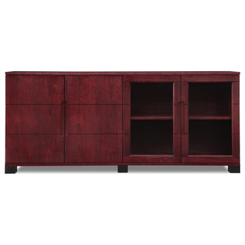 72.5” Modern Hayes Mahogany Walnut Wood Cabinet 2 Glass Doors 2 Wood Doors