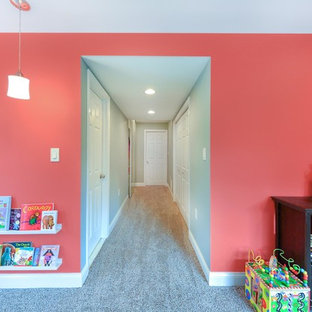 Inspiration for a small classic walk-out basement in DC Metro with multi-coloured walls and carpet.