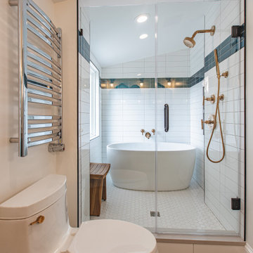 Bathroom remodeling in Arlington, VA with double vanity & corner bathtub