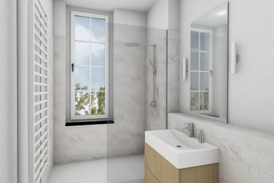 ドルトムントにあるおしゃれな浴室 (壁掛け式トイレ、白いタイル、横長型シンク、洗面台1つ) の写真