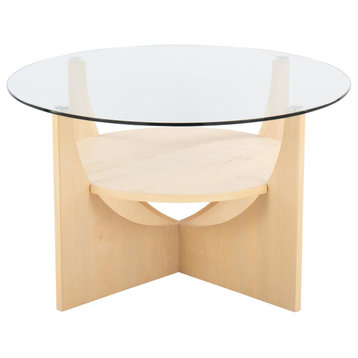 U-Shaped Coffee Table, Natural Wood, Clear Glass