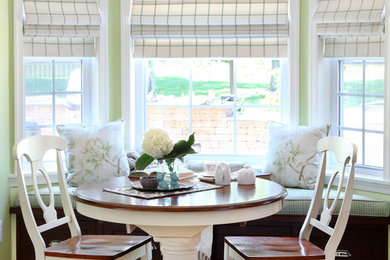 Kitchen/dining room combo - small transitional porcelain tile and beige floor kitchen/dining room combo idea in Philadelphia with green walls and no fireplace