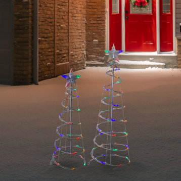 Set of 2 LED Lighted Multi-Color Outdoor Spiral Christmas Cone Trees 3', 4'