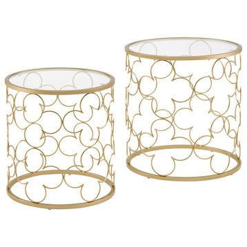 Nesting End Table, Unique Design With Quatrefoil Motif & Round Glass Top, Gold