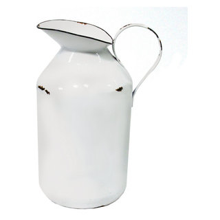 Vintage Small White Enamel Water/Milk Pitcher with Black Enamel Trim and  Handle