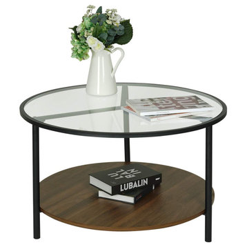 Modern Coffee Table, Metal Frame With Walnut Finished Shelf & Round Glass Top