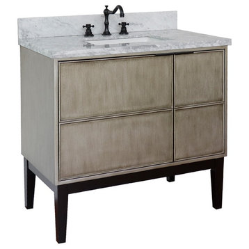 37" Single Vanity, Linen Brown Finish With White Carrara Top