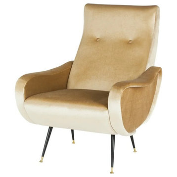 Midcentury Modern Accent Chair, Velvet Seat With Unique Curved Arms, Camel