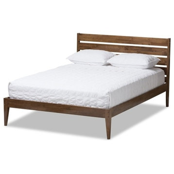 Mid-Century Modern Solid Walnut Wood Slatted Headboard Full Size Platform Bed