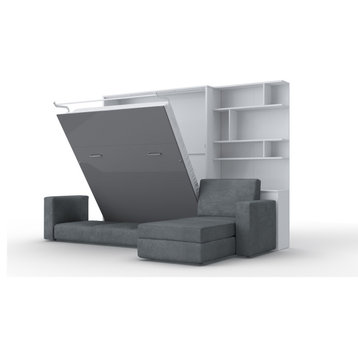 Contempo Vertical Wall Bed with a Corner Sofa and a Bookcase, 55.1x78.7 inch, White/Slate Grey + Grey