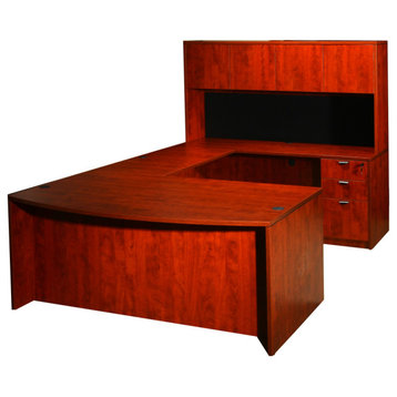 U-Shaped Curved Bow Desk with  File Storage Pedestal and 4 Door Hutch