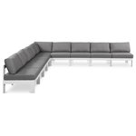Meridian Furniture - Nizuc Water Resistant Patio L-Shaped Modular Sectional, Gray, 9-Piece: 8 Armless Chair, 1 Corner Chair, White Aluminum Frame - Pick and choose your favorites from the Nizuc collection to create a modular seating group the whole gang will enjoy. The sturdy aluminum frame provides dependable support for friends and family as they relax and unwind, and the resilient grey water resistant fabric stands up to the elements without losing its beautiful demeanor, so you can count on it lasting for the long haul. Latches beneath these seating pieces help you easily attach them to one another for convenient setup.