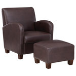 OSP Home Furnishings - Aiden Chair and Ottoman Cocoa Faux Leather With Medium Espresso Legs - With sophisticated lines and double stitch detailing our Aiden club chair with matching ottoman will elevate any interior. A gentle reclined stance, curved armrests and matching ottoman will provide a laid-back relaxing retreat. The refined silhouette of generous padded back and seat cushion, supported by dense foam and sinuous spring construction, paired with touchable, soft and supple faux leather will provide an appealing design statement. Create a modern vibe in your living room or add a soft throw and accent pillows for a more traditional feel. Ideal for a family room or the final touch to a special guest room. Derive instant gratification with easy 3-step tool-less assembly.