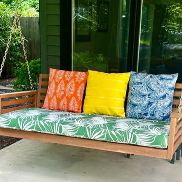 Colorful Reupholstered Seat Cushion & Pillows using Norbar Indoor/Outdoor Fabric