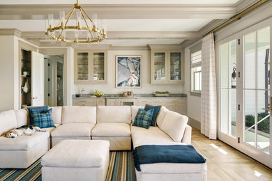 Large transitional open concept light wood floor and beige floor family room photo in Baltimore with beige walls