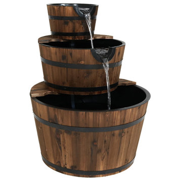 Sunnydaze Rustic 3-Tier Wood Barrel Outdoor Garden Water Fountain, 30"