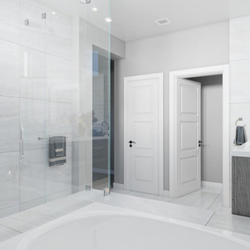 Master bathroom gray modern backlit mirror