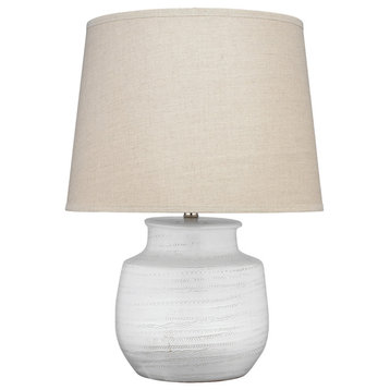 Small Trace Table Lamp, White Ceramic With Large Cone Shade, Natural Linen