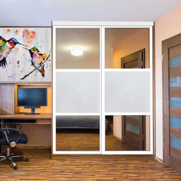2 Panels Closet / Wardrobe Door With Frosted Glass And Mirror Insert, 60"x80" In