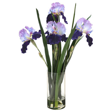 Waterlook® Blue-Violet Irises with Grass Blades in Glass Cylinder