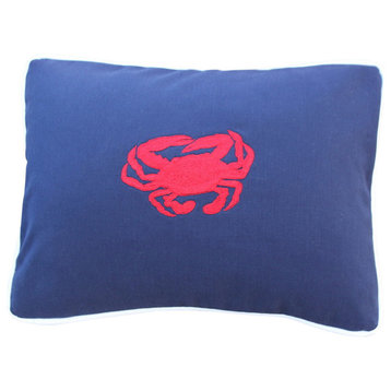 Navy Lumbar Pillow With Crab Motif, White, Poly Insert